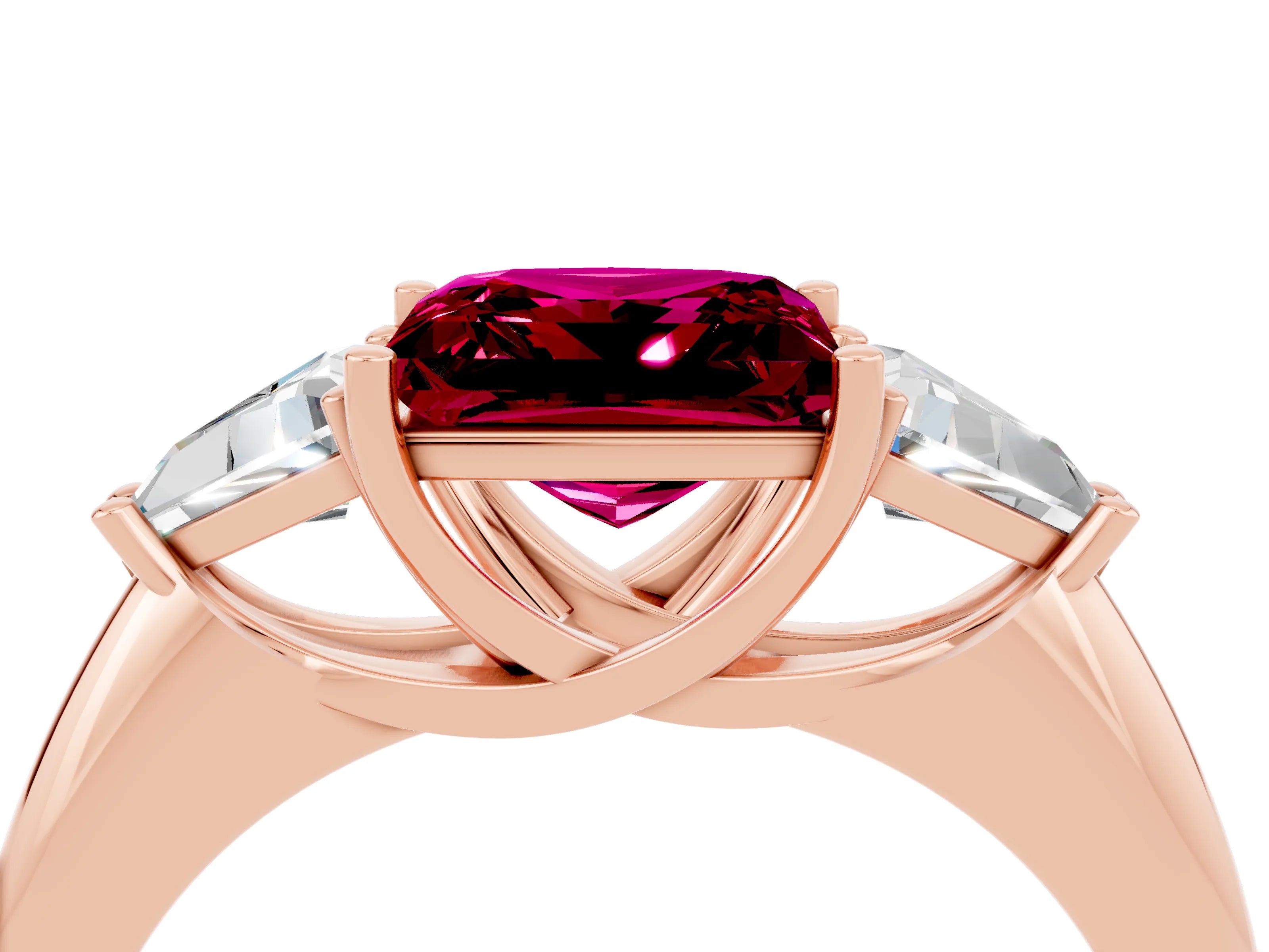 Rose gold Three-Stone Princess Cut Cut Diamond Ring with Trillion Side Stones and Four-Prong Setting_4