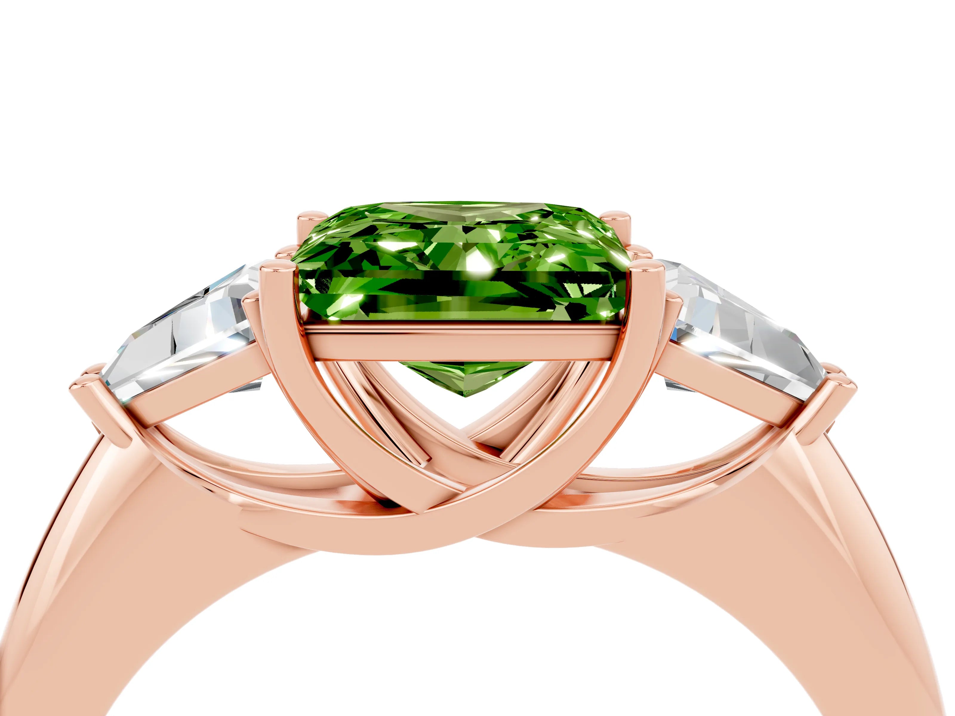 Rose gold Three-Stone Princess Cut Cut Diamond Ring with Trillion Side Stones and Four-Prong Setting_4