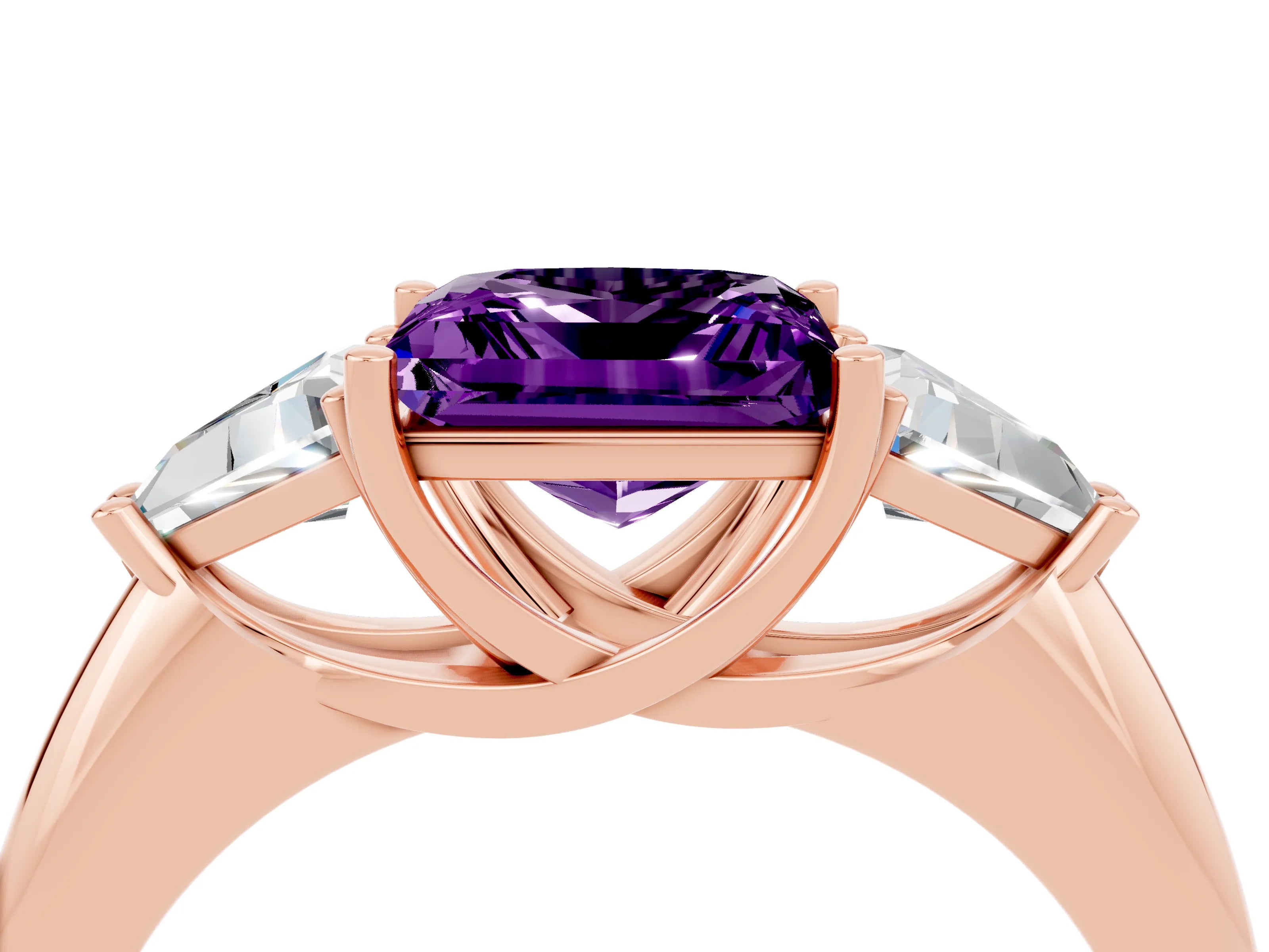 Rose gold Three-Stone Princess Cut Cut Diamond Ring with Trillion Side Stones and Four-Prong Setting_4