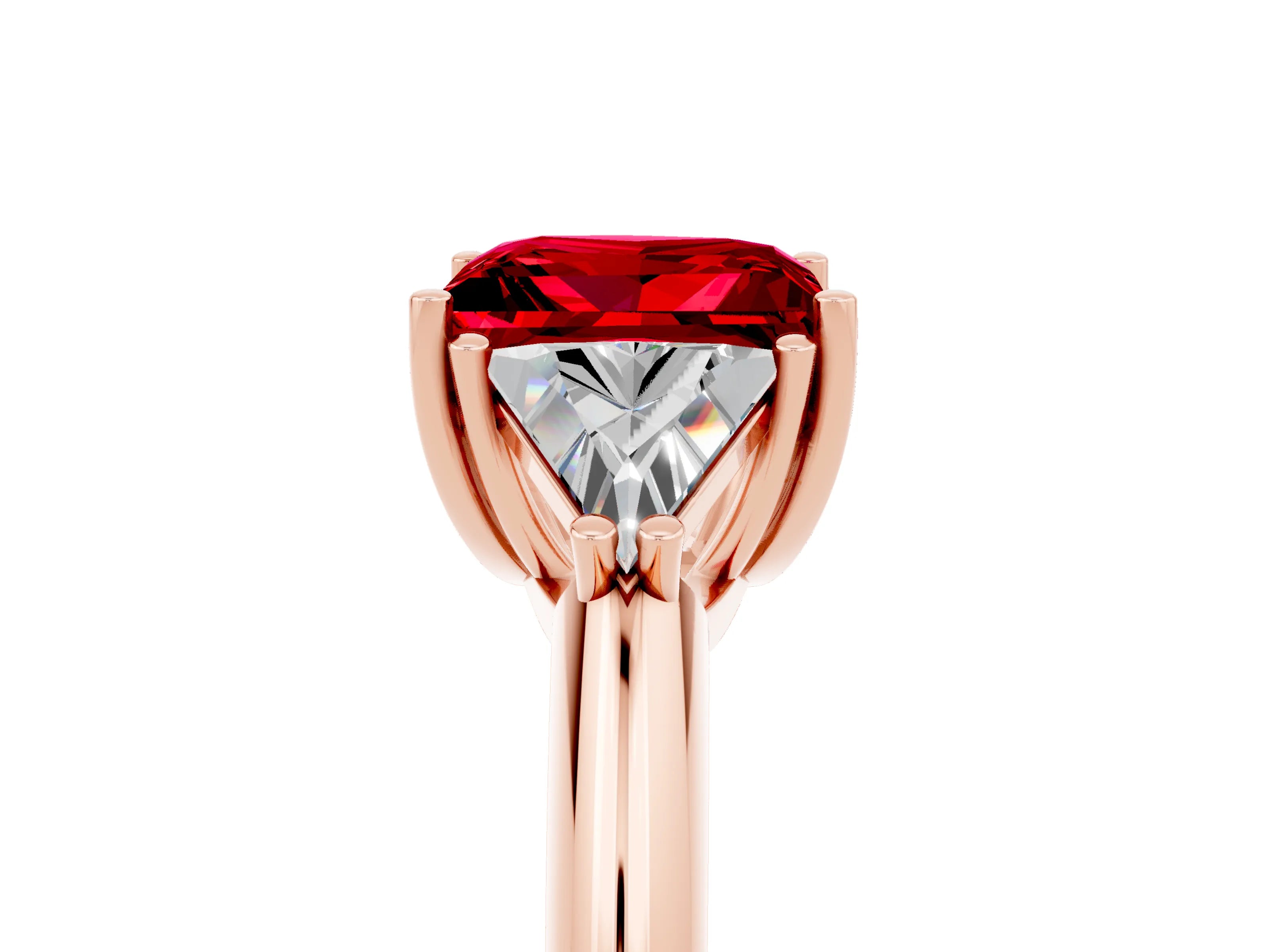 Rose gold Three-Stone Princess Cut Cut Diamond Ring with Trillion Side Stones and Four-Prong Setting_5