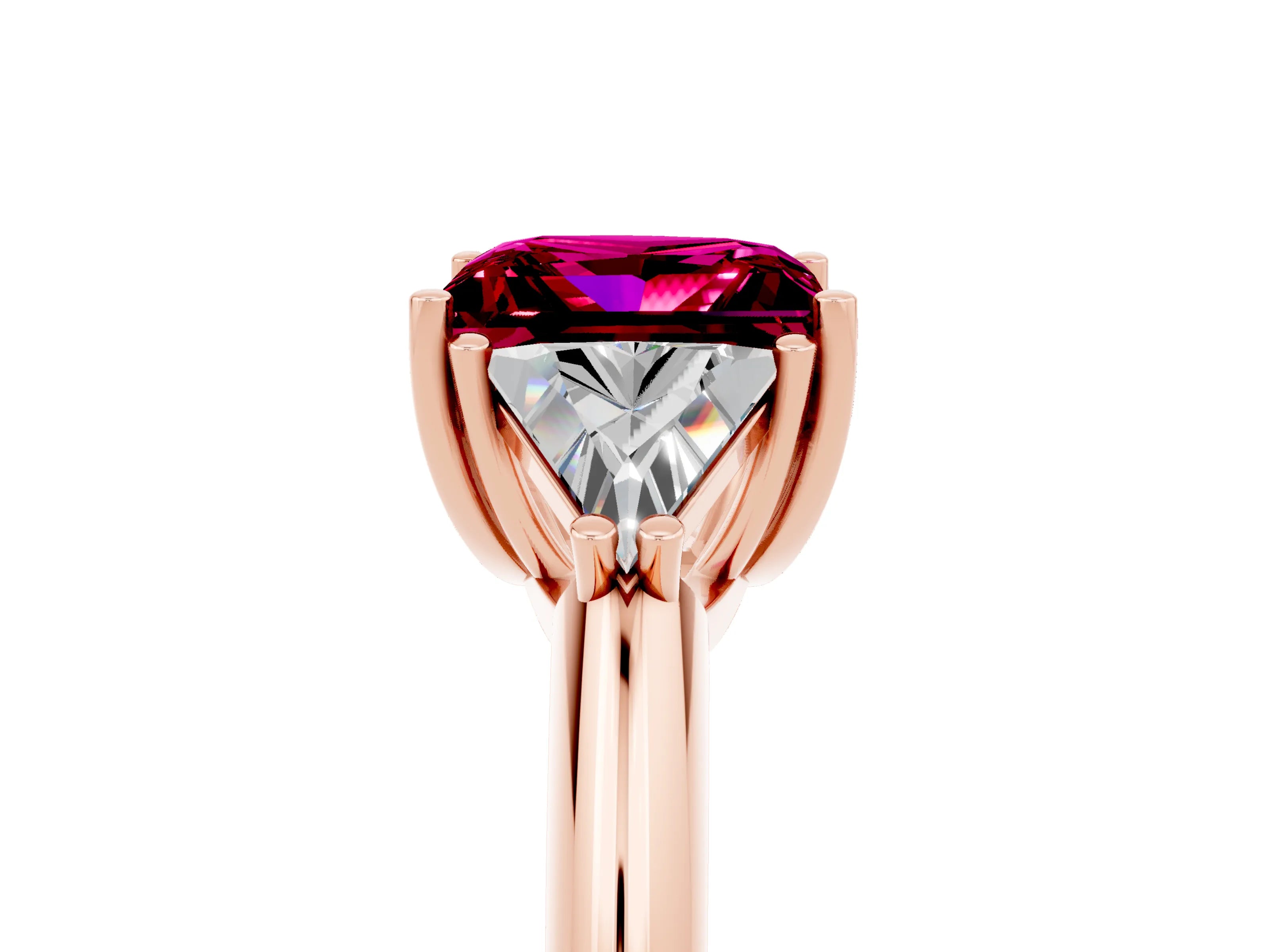 Rose gold Three-Stone Princess Cut Cut Diamond Ring with Trillion Side Stones and Four-Prong Setting_5