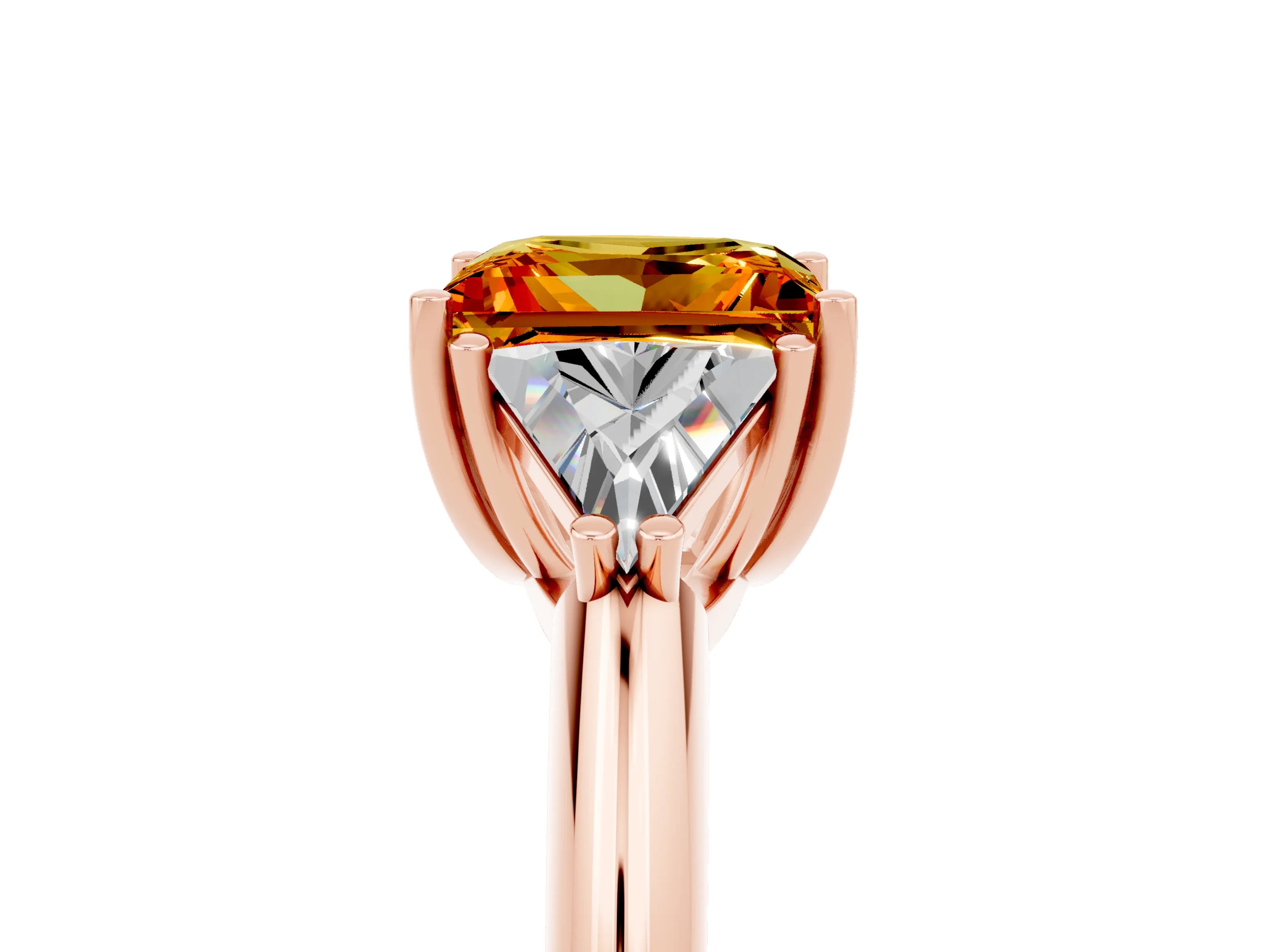 Rose gold Three-Stone Princess Cut Cut Diamond Ring with Trillion Side Stones and Four-Prong Setting_5