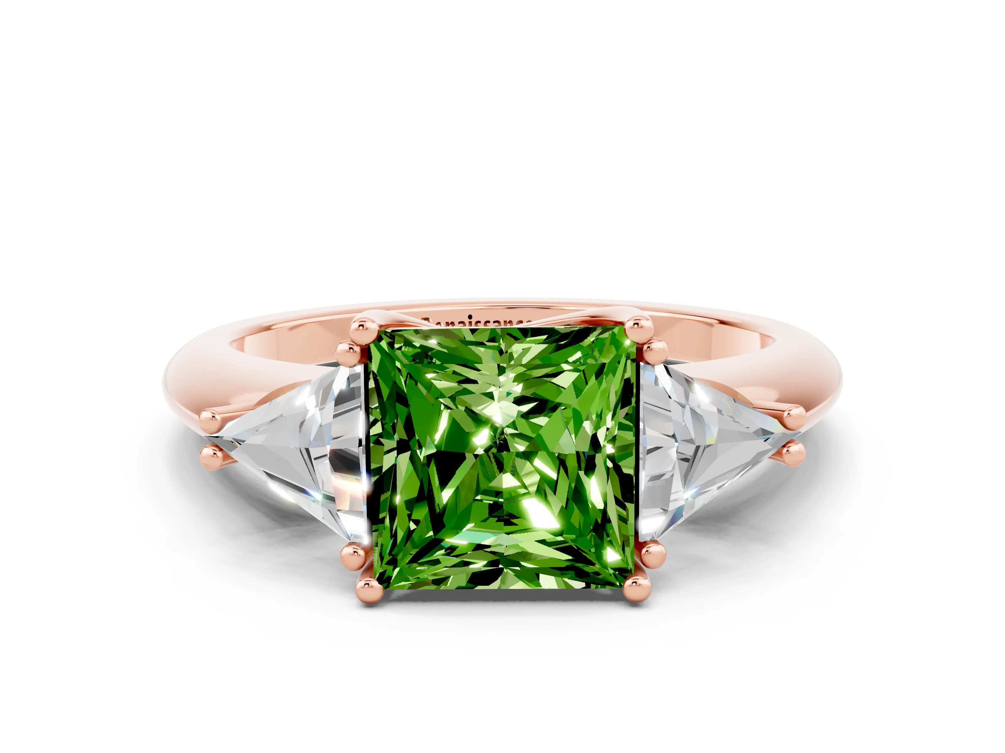 Rose gold Three-Stone Princess Cut Cut Diamond Ring with Trillion Side Stones and Four-Prong Setting