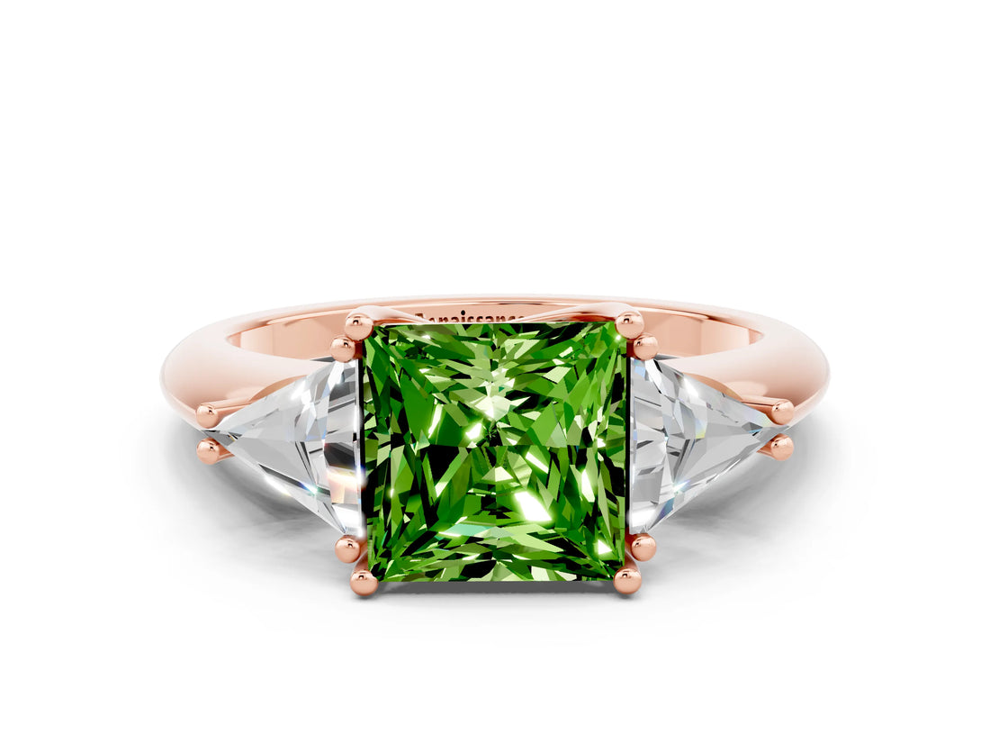 Rose gold Three-Stone Princess Cut Cut Diamond Ring with Trillion Side Stones and Four-Prong Setting