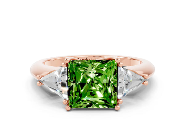 Rose gold Three-Stone Princess Cut Cut Diamond Ring with Trillion Side Stones and Four-Prong Setting