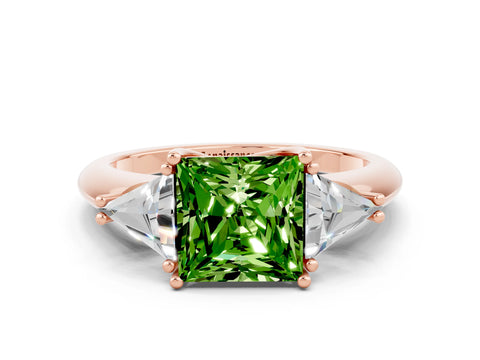 Rose gold Three-Stone Princess Cut Cut Diamond Ring with Trillion Side Stones and Four-Prong Setting