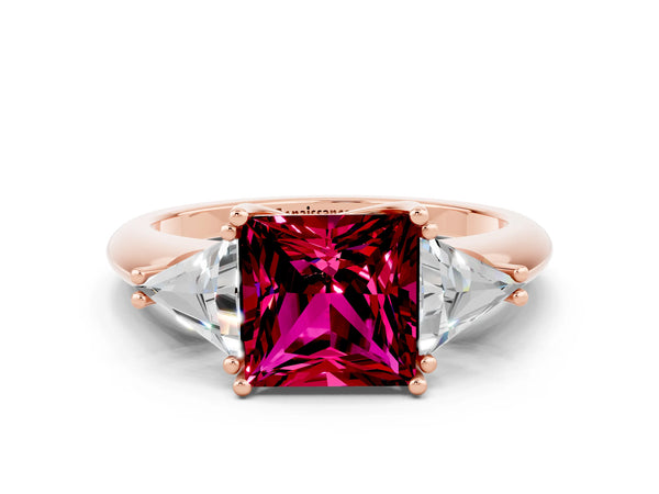 Rose gold Three-Stone Princess Cut Garnet Engagement Ring with Trillion Side Stones and Prong Setting