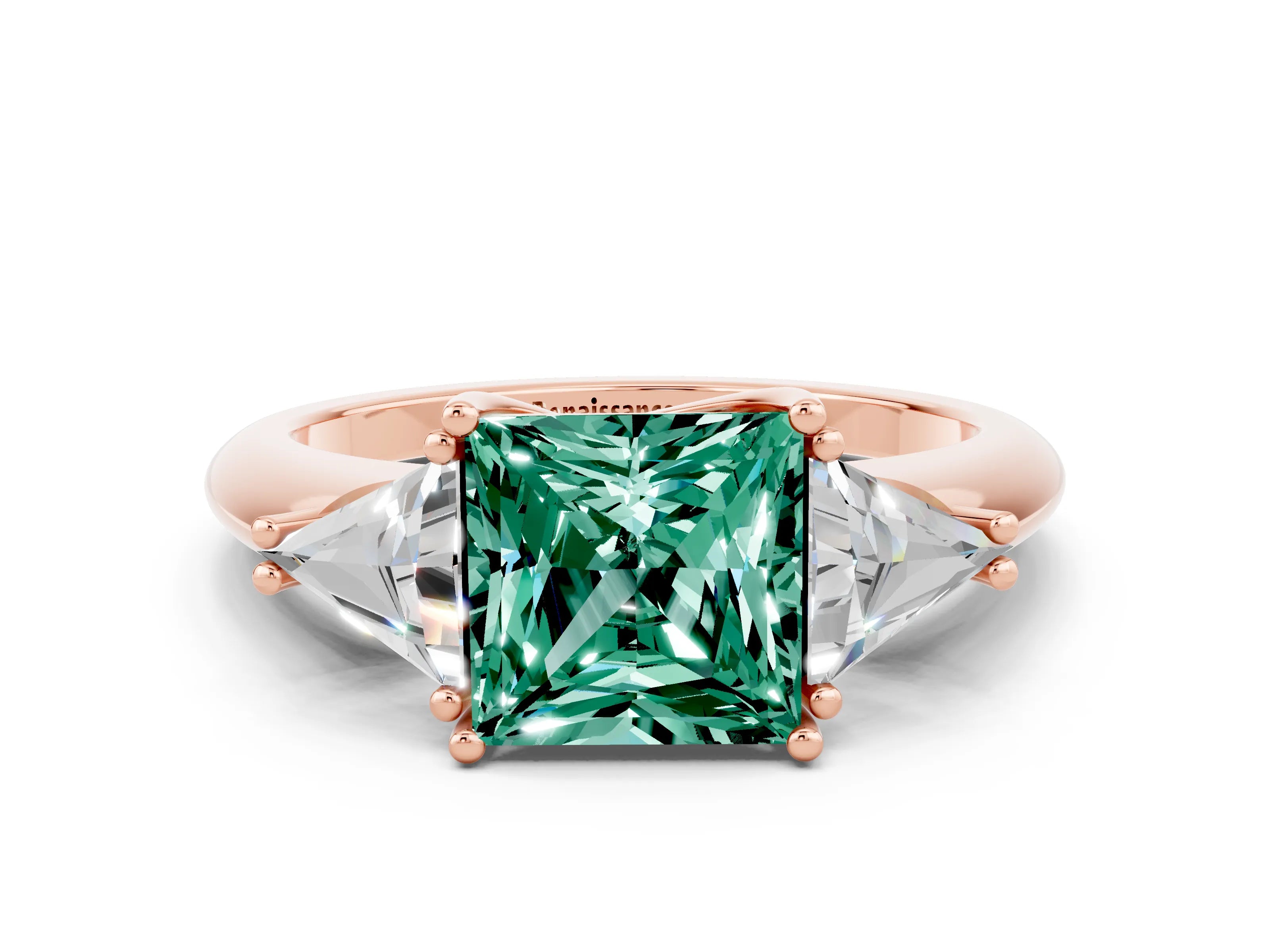Rose gold Three-Stone Princess Cut Cut Diamond Ring with Trillion Side Stones and Four-Prong Setting