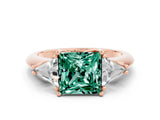 Rose gold Three-Stone Princess Cut Cut Diamond Ring with Trillion Side Stones and Four-Prong Setting