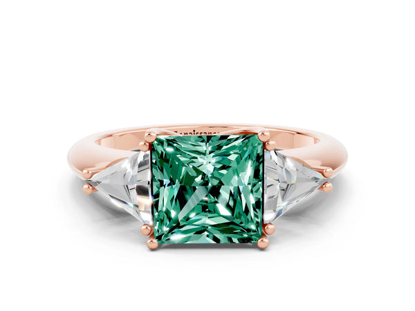 Rose gold Three-Stone Princess Cut Green Sapphire Engagement Ring with Trillion Side Stones and Prong Setting