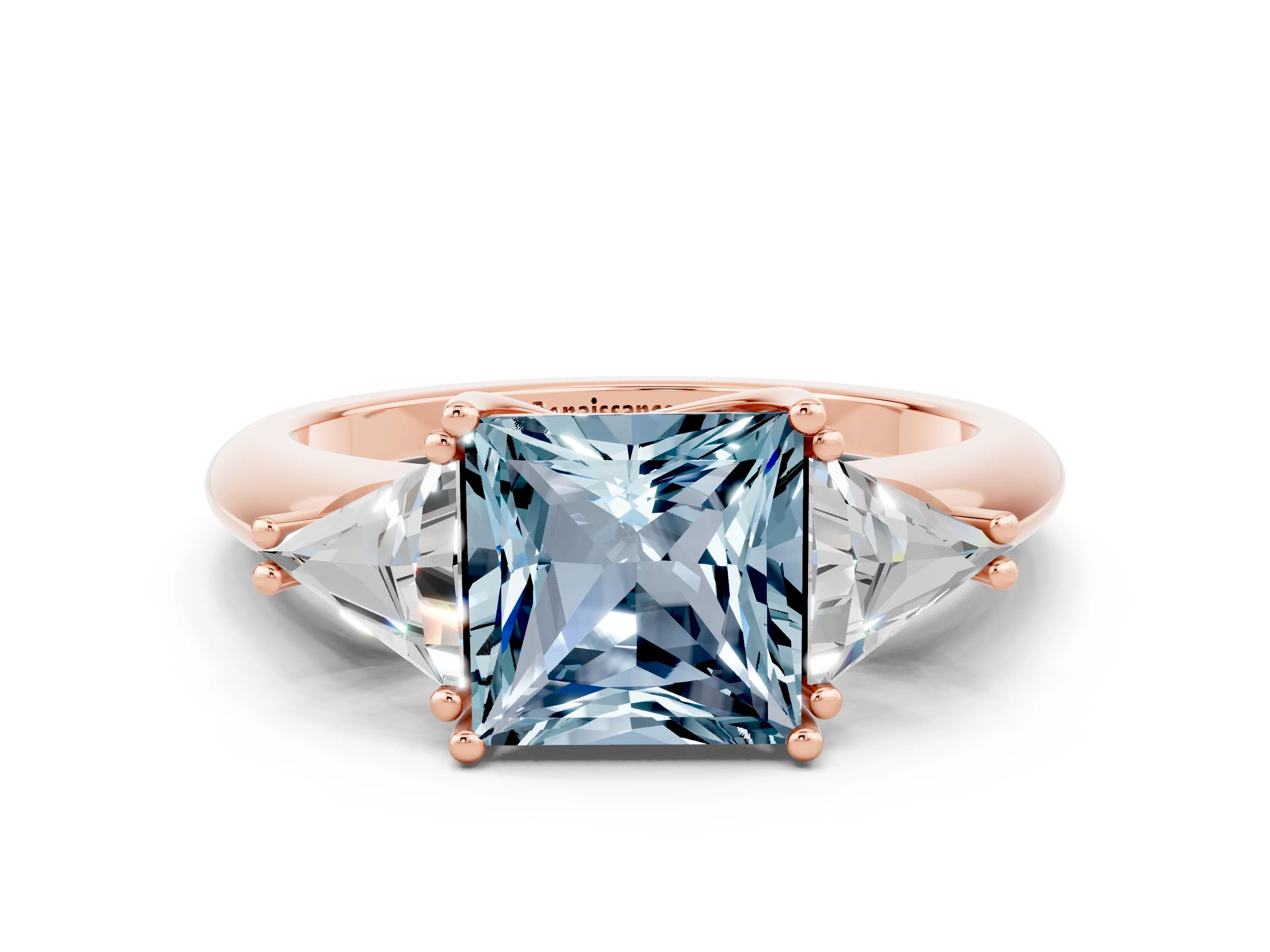 Rose gold Three-Stone Princess Cut Cut Diamond Ring with Trillion Side Stones and Four-Prong Setting