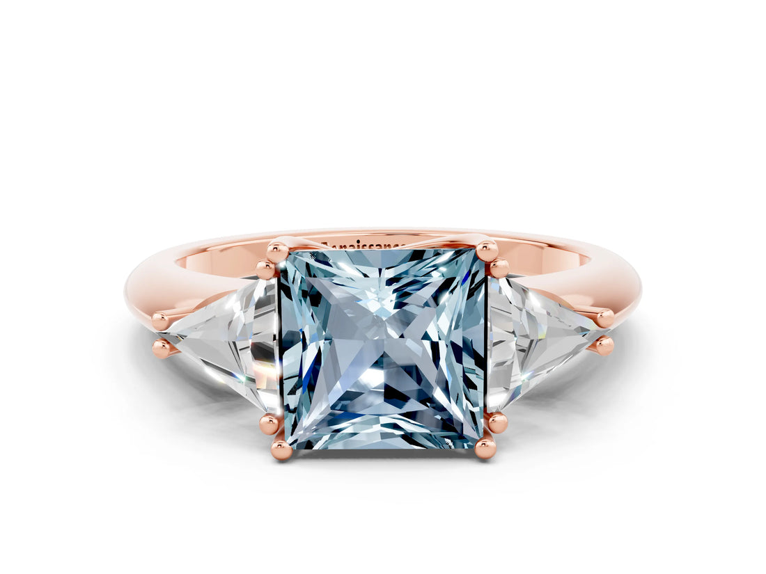Rose gold Three-Stone Princess Cut Cut Diamond Ring with Trillion Side Stones and Four-Prong Setting