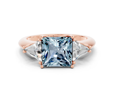 Rose gold Three-Stone Princess Cut Cut Diamond Ring with Trillion Side Stones and Four-Prong Setting