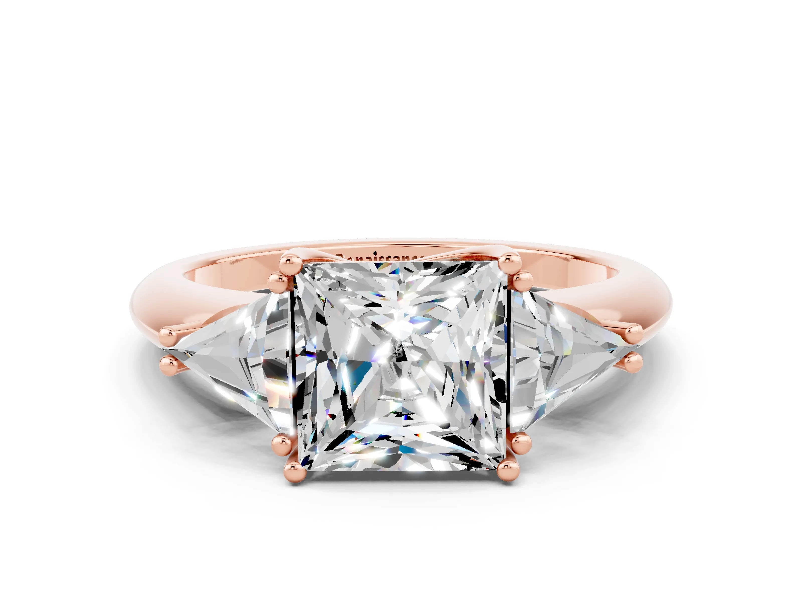 Rose gold Three-Stone Princess Cut Cut Diamond Ring with Trillion Side Stones and Four-Prong Setting