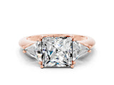 Rose gold Three-Stone Princess Cut Cut Diamond Ring with Trillion Side Stones and Four-Prong Setting