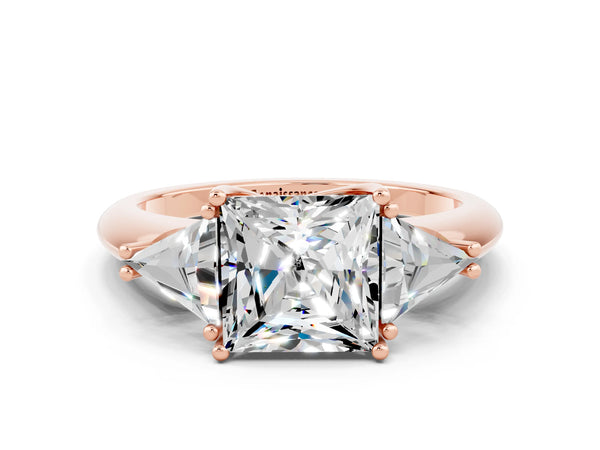 Rose gold Three-Stone Princess Cut Moissanite Engagement Ring with Trillion Side Stones and Prong Setting