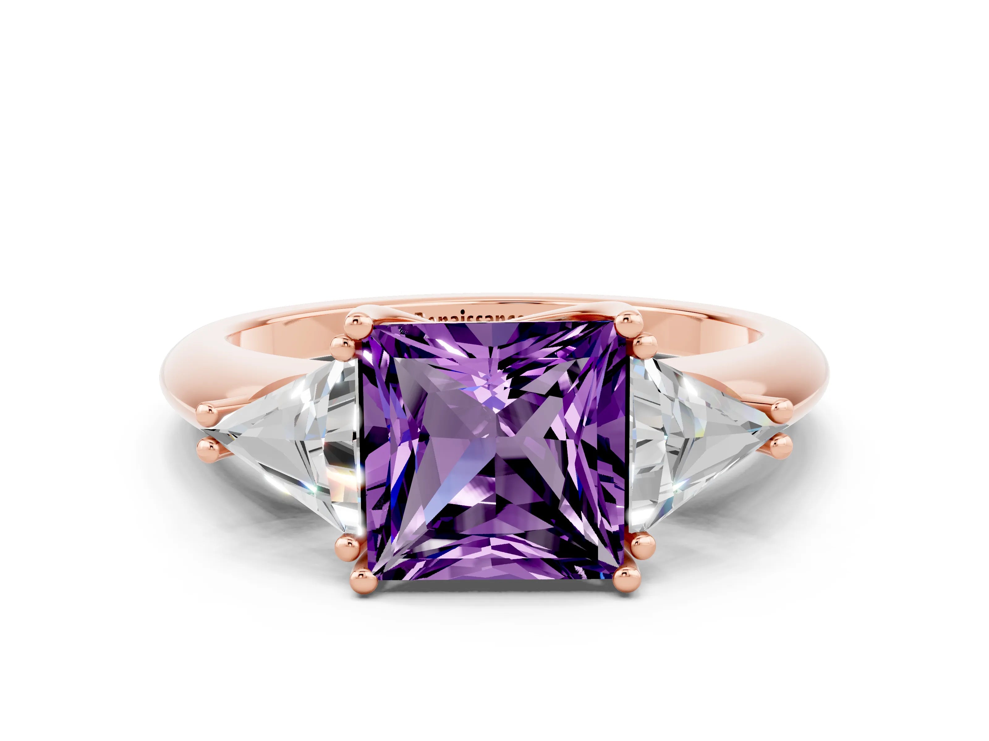 Rose gold Three-Stone Princess Cut Cut Diamond Ring with Trillion Side Stones and Four-Prong Setting