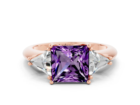 Rose gold Three-Stone Princess Cut Cut Diamond Ring with Trillion Side Stones and Four-Prong Setting