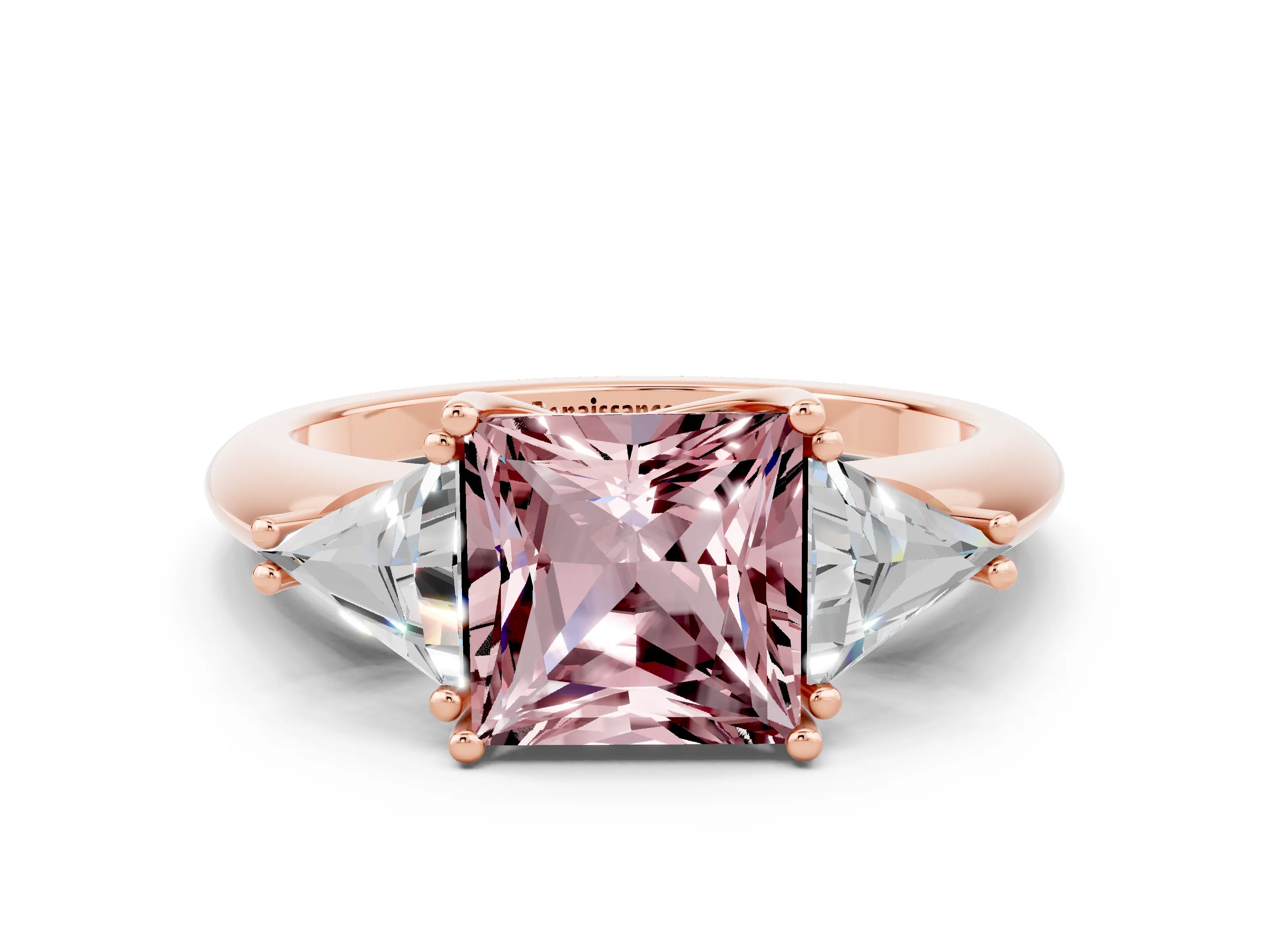 Rose gold Three-Stone Princess Cut Cut Diamond Ring with Trillion Side Stones and Four-Prong Setting