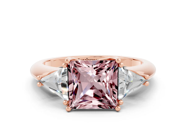 Rose gold Three-Stone Princess Cut Cut Diamond Ring with Trillion Side Stones and Four-Prong Setting