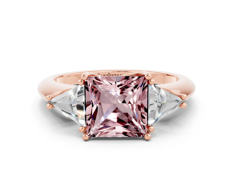 Rose gold Three-Stone Princess Cut Cut Diamond Ring with Trillion Side Stones and Four-Prong Setting