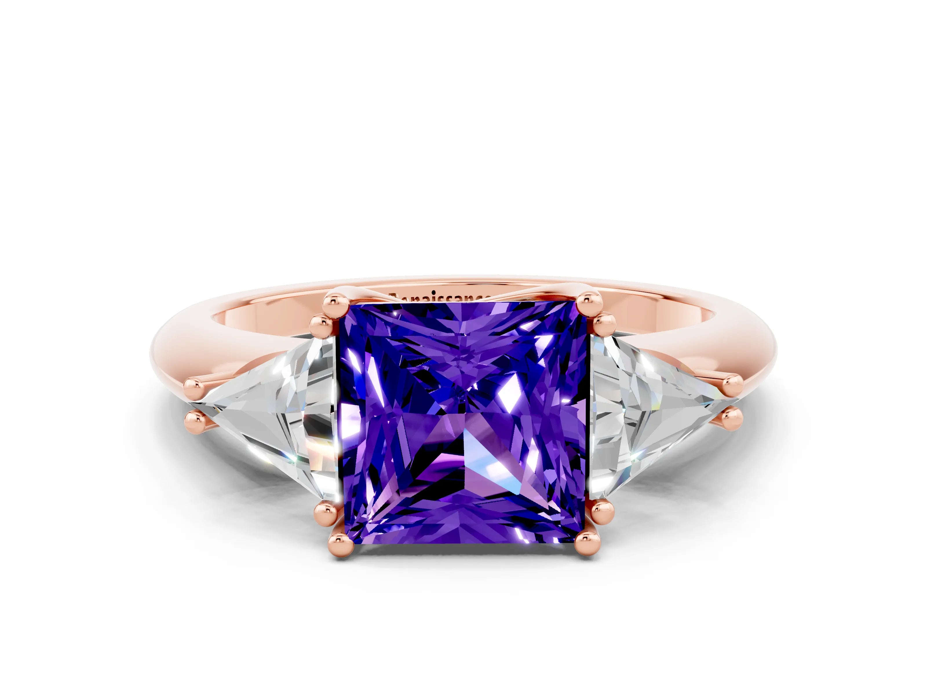 Rose gold Three-Stone Princess Cut Cut Diamond Ring with Trillion Side Stones and Four-Prong Setting