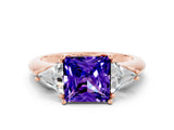 Rose gold Three-Stone Princess Cut Cut Diamond Ring with Trillion Side Stones and Four-Prong Setting