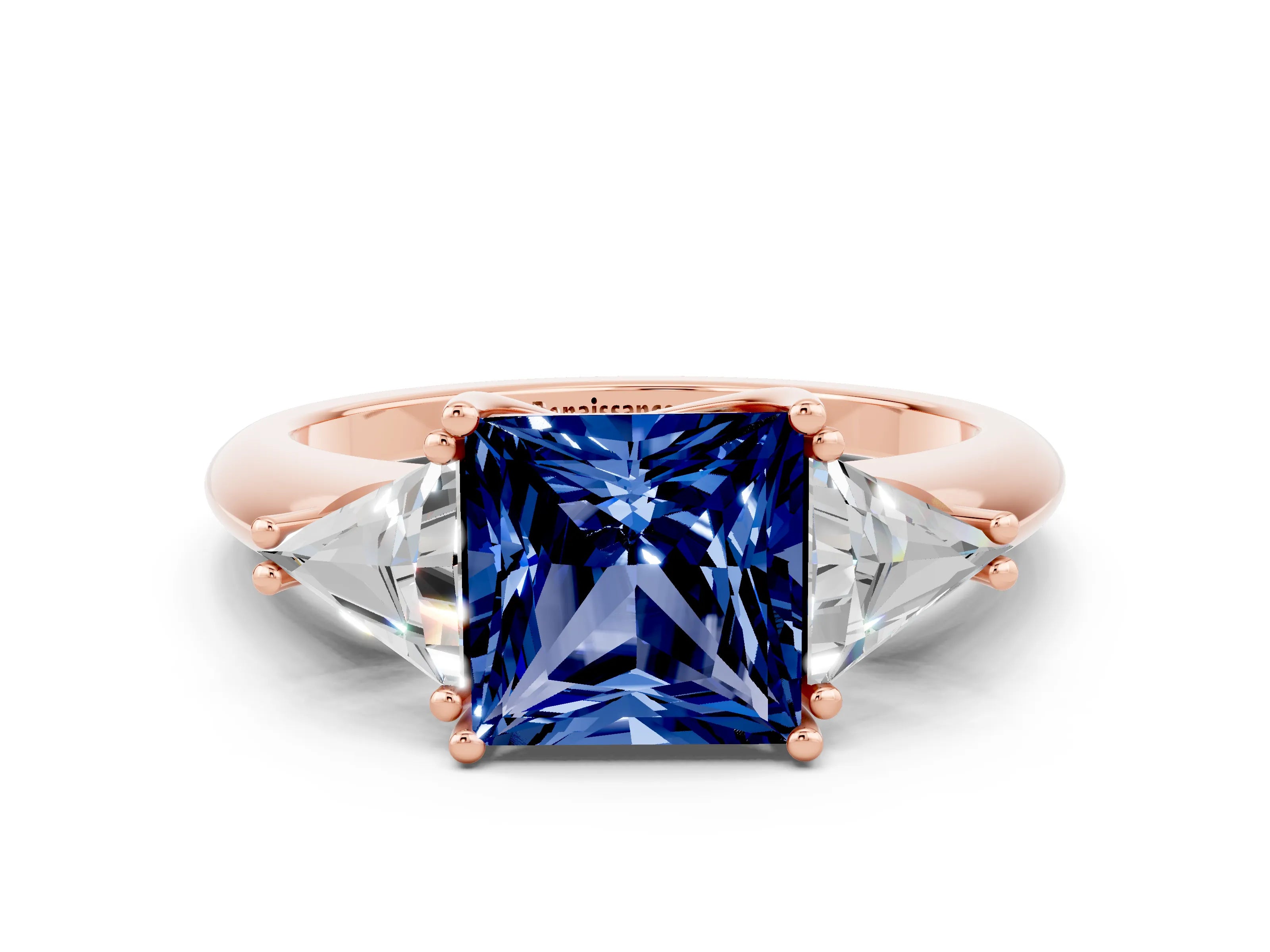 Rose gold Three-Stone Princess Cut Cut Diamond Ring with Trillion Side Stones and Four-Prong Setting