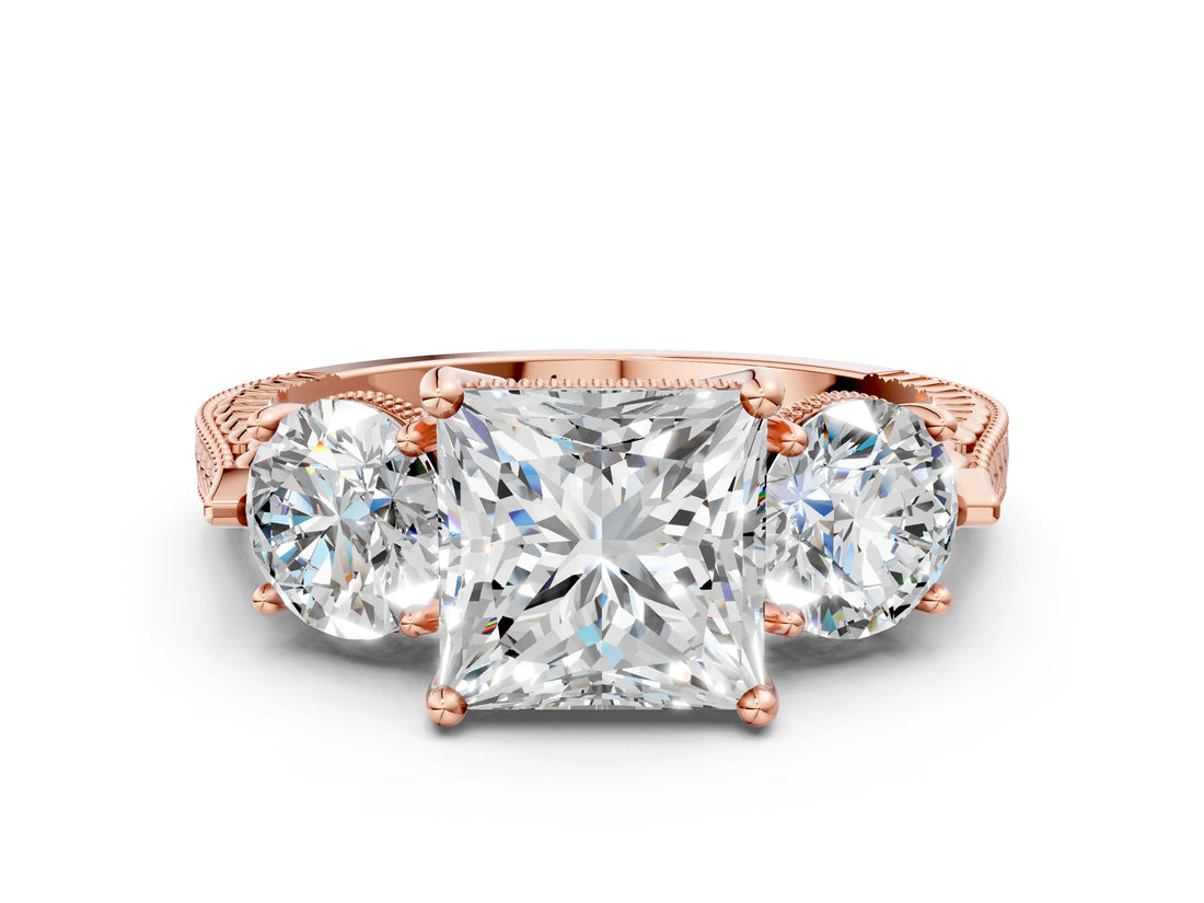 Rose gold Three-Stone Princess Cut Cut Milgrain Band Prong Setting Ring_27