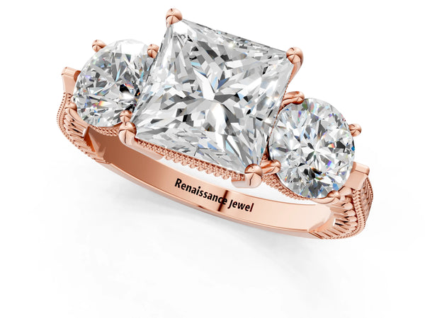 Rose Gold Princess Cut Vintage Three Stone Engagement Ring Setting