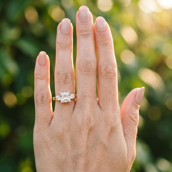 Rose gold Three-Stone Princess Cut Diamond Cathedral Engagement Ring with Prong Setting
