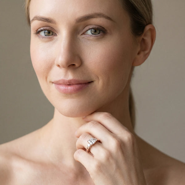Rose gold Three-Stone Princess Cut Diamond Cathedral Engagement Ring with Prong Setting
