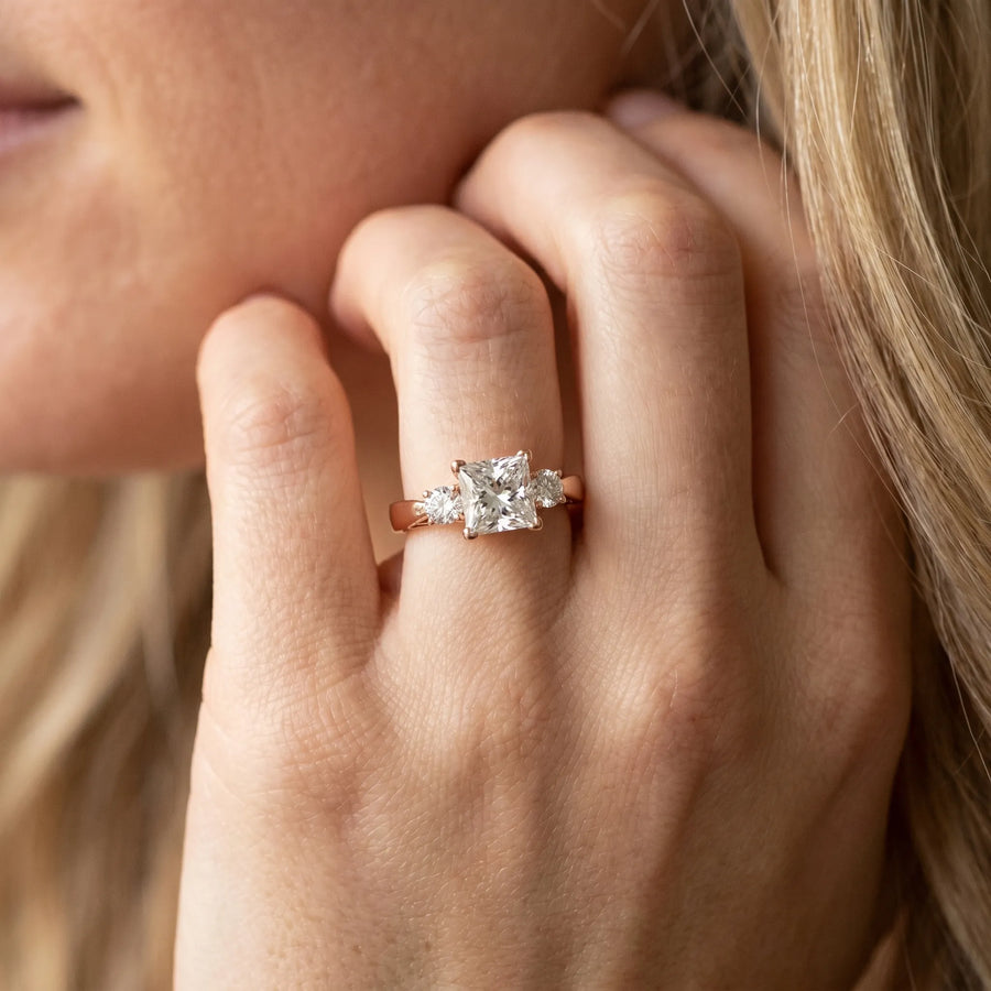 Rose gold Three-Stone Princess Cut Diamond Cathedral Engagement Ring with Prong Setting