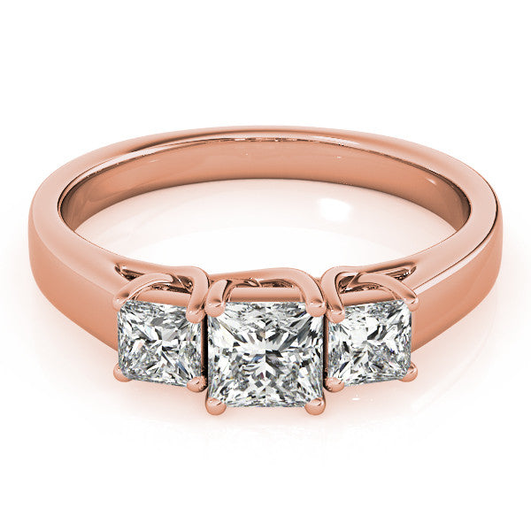 Rose gold Three-Stone Princess Cut Diamond Engagement Ring with Channel Set Band and Four-Prong Setting 1
