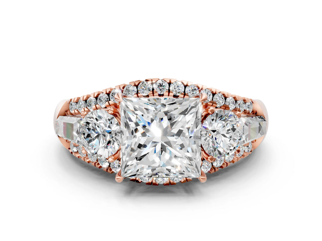 Rose gold Three-Stone Princess Cut Diamond Engagement Ring with Pave Band and Prong Setting_6