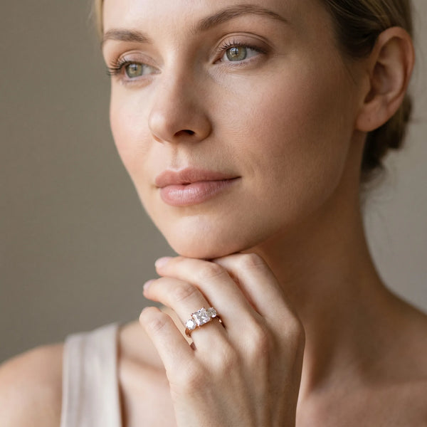 Rose gold Three-Stone Princess Cut Diamond Engagement Ring with Prong Setting on a White Gold Band