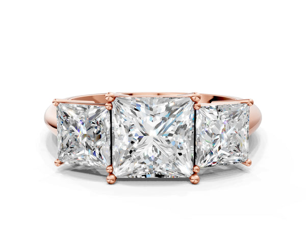 Rose gold Three-Stone Princess Cut Diamond Engagement Ring with Prong Setting on a White Gold Band