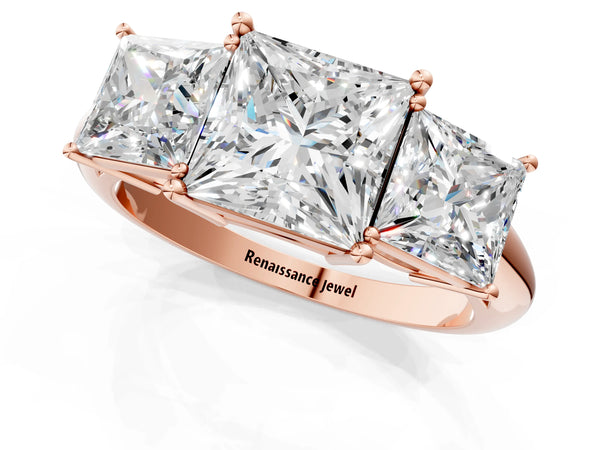 Rose gold Three-Stone Princess Cut Diamond Engagement Ring with Prong Setting on a White Gold Band
