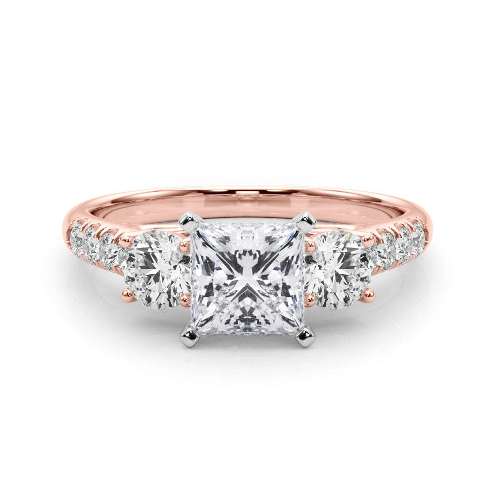 Rose gold Three-Stone Princess Cut Diamond Pavé Band with Four-Prong Setting 1