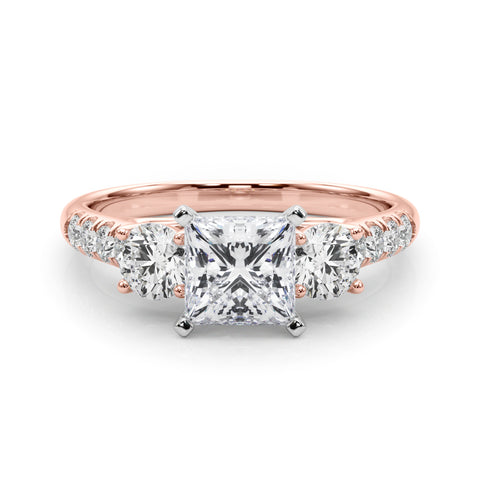 Rose gold Three-Stone Princess Cut Diamond Pavé Band with Four-Prong Setting 1