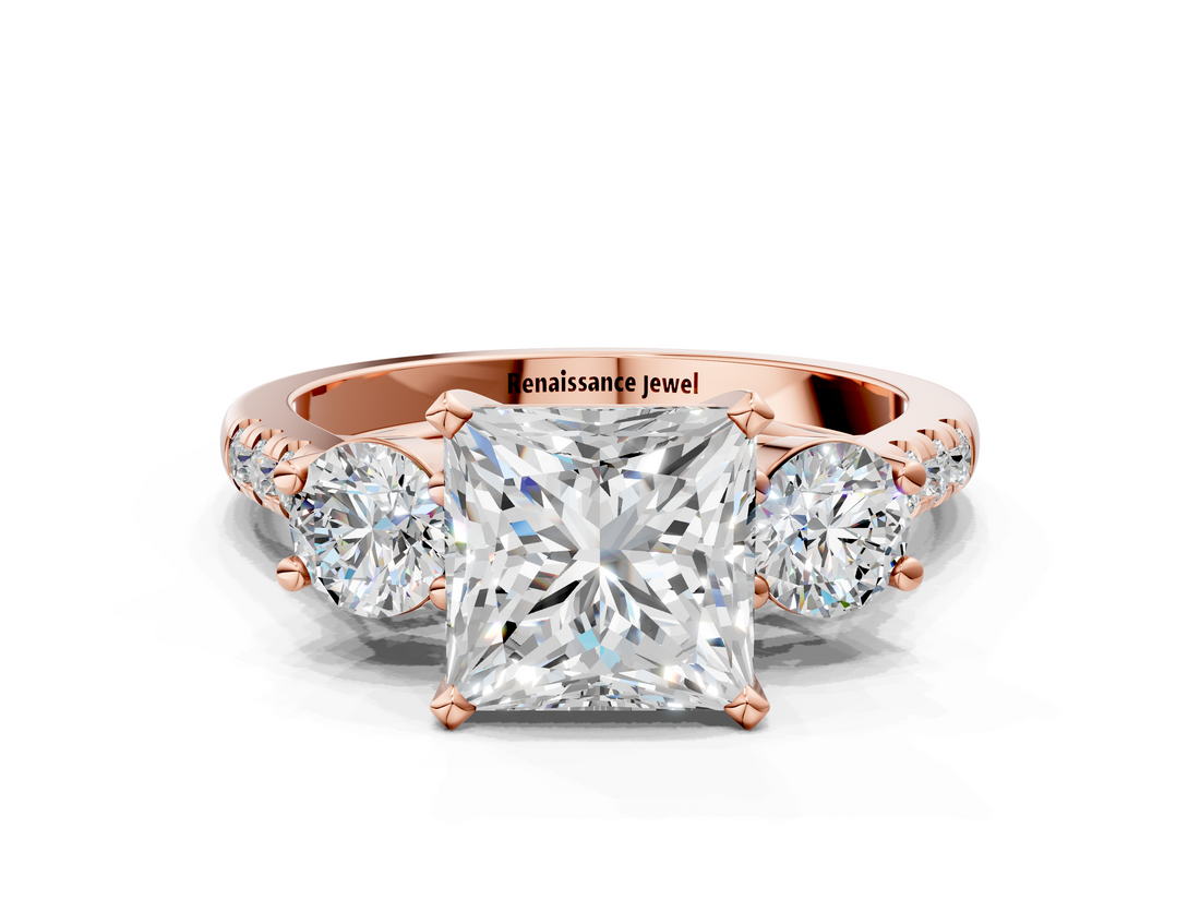 Rose gold Three-Stone Princess Cut Diamond Pavé Band with Four-Prong Setting_36