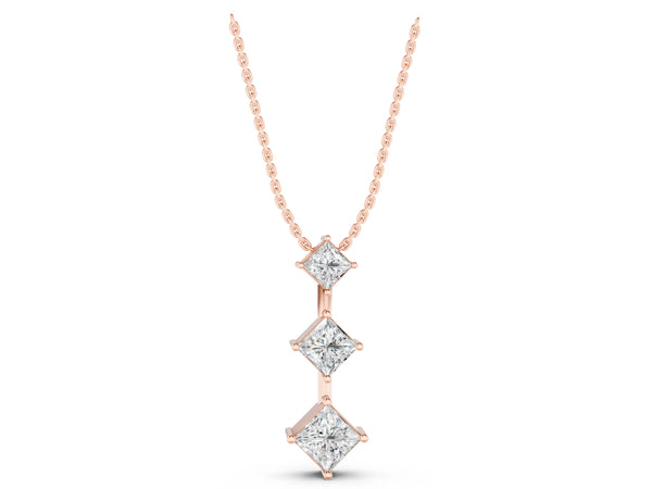Rose gold Three-Stone Princess Cut Diamond Pendant with Four-Prong Setting