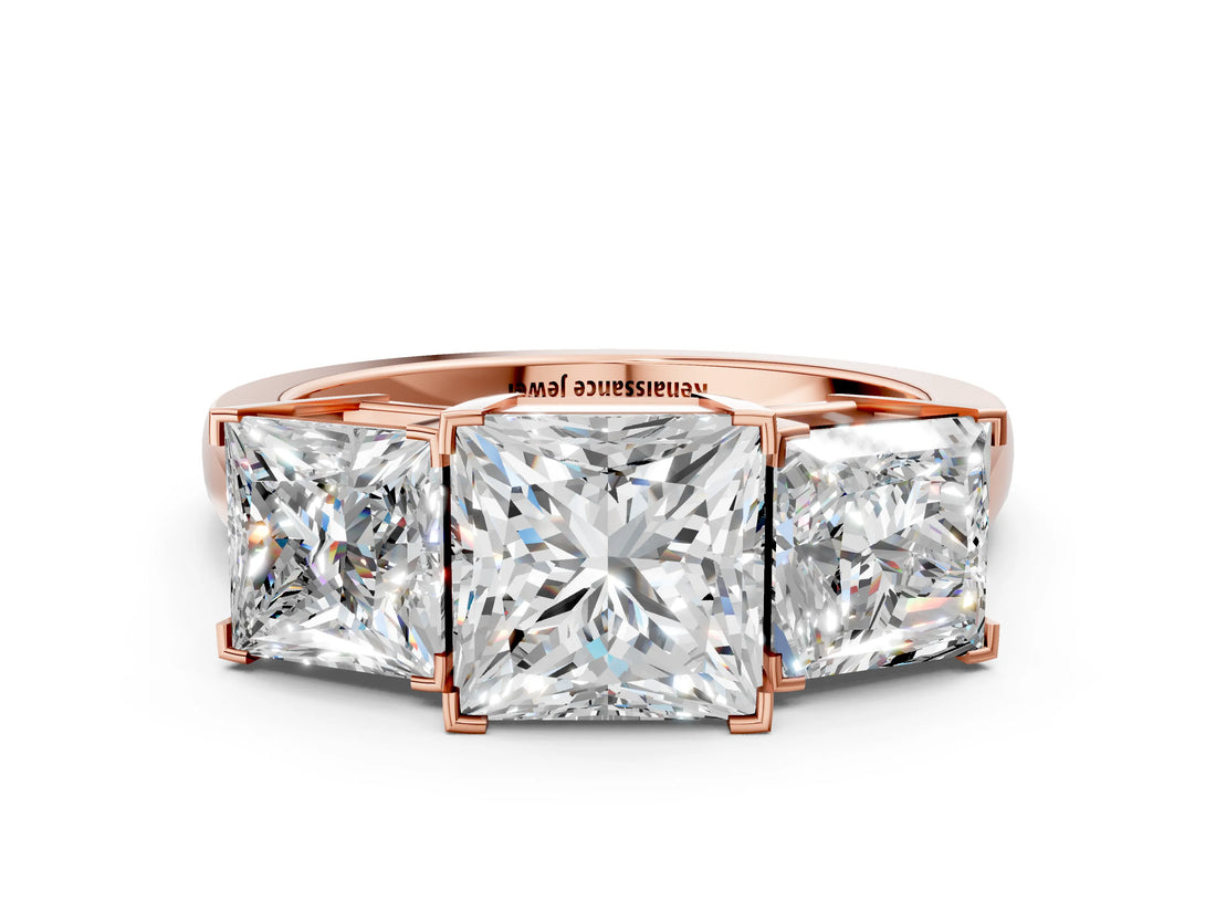 Rose gold Three-Stone Princess Cut Diamond Ring with Channel Set Band and Four-Prong Setting_18