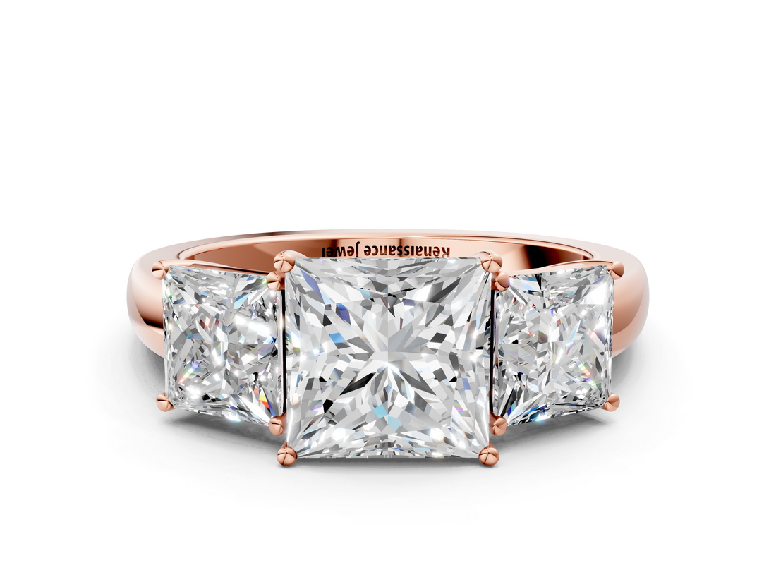 Rose gold Three-Stone Princess Cut Diamond Ring with Channel-Set Band and Four-Prong Setting_43