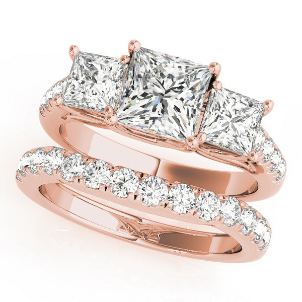 Rose gold Three-Stone Princess Cut Diamond Ring with Pavé Band and Prong Setting 1