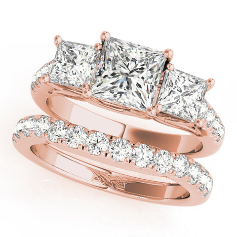 Rose gold Three-Stone Princess Cut Diamond Ring with Pavé Band and Prong Setting 1