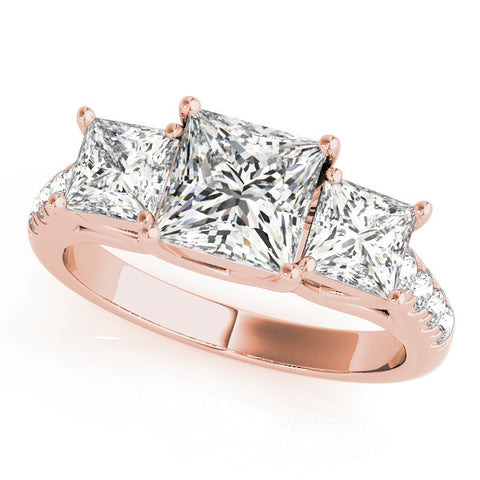 Rose gold Three-Stone Princess Cut Diamond Ring with Pavé Band and Prong Setting