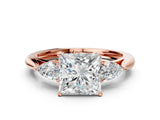 Rose gold Three-Stone Princess Cut Diamond Ring with Pear  Side Stones in Four-Prong Setting_12