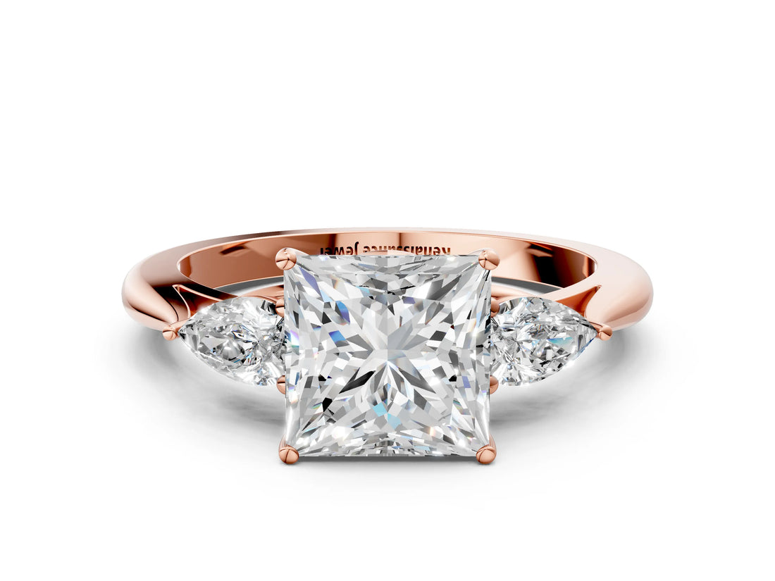 Rose gold Three-Stone Princess Cut Diamond Ring with Pear  Side Stones in Four-Prong Setting_18