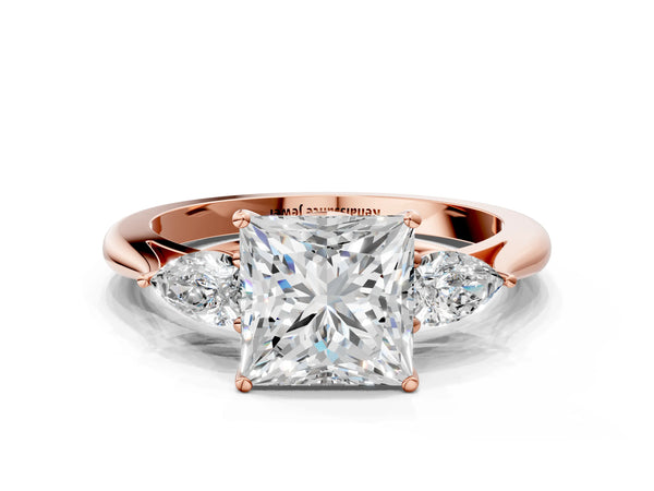 Rose Gold Princess Cut Three Stone Engagement Ring Setting with Pear Side Stones and Thin Band